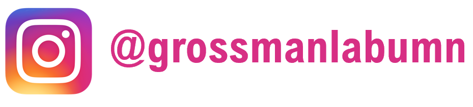 Instagram icon with our lab handle, @grossmanlabumn, beside it in pink lettering