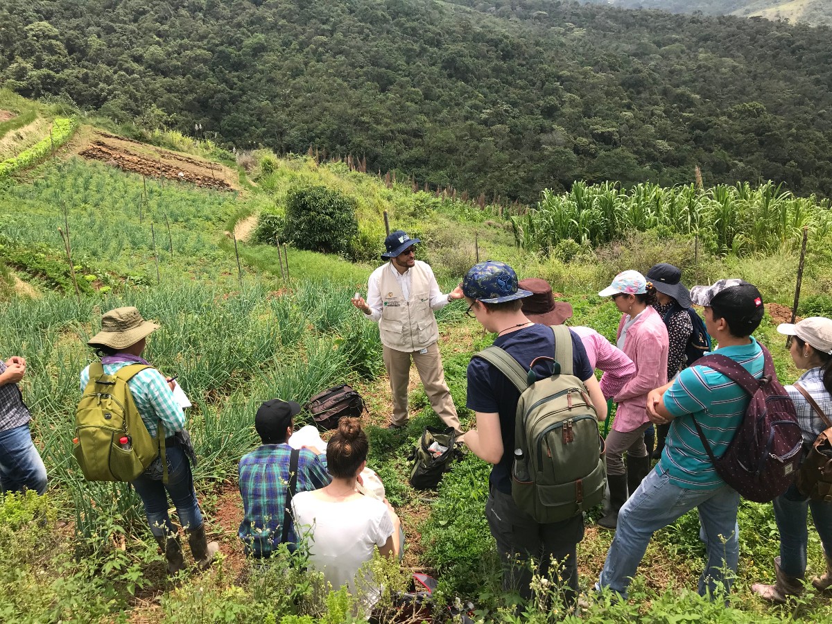 Students stand on a mountainside in Colombia listening to an instructor, who is speaking to them