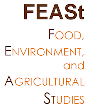 FEASt group logo, with FEASt written at the top in brown, and Food, Environement, and Agricultural Studies written underneath in organge lettering