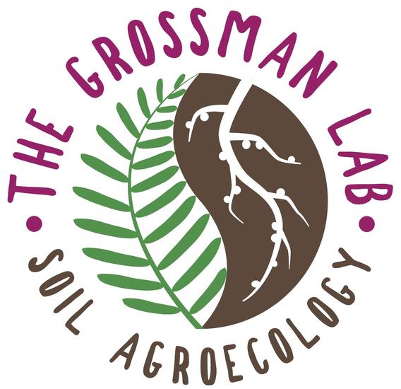 The Grossman Lab logo, with a center, circular image of a compound green leaf on one half and a taproot with nodules on the other half. Surrounding the circle, there is text that reads "The Grossman Lab" on the top in pink and "Soil Agroecology" on the bottom in brown