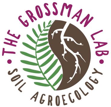 The Grossman Lab logo, with a center, circular image of a compound green leaf on one half and a taproot with nodules on the other half. Surrounding the circle, there is text that reads "The Grossman Lab" on the top in pink and "Soil Agroecology" on the bottom in brown